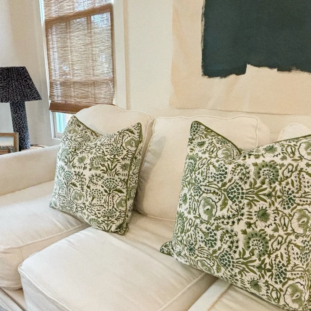 Pair of(2) block print green throw pillow covers π π 20β x 20β - Picture 1 of 3